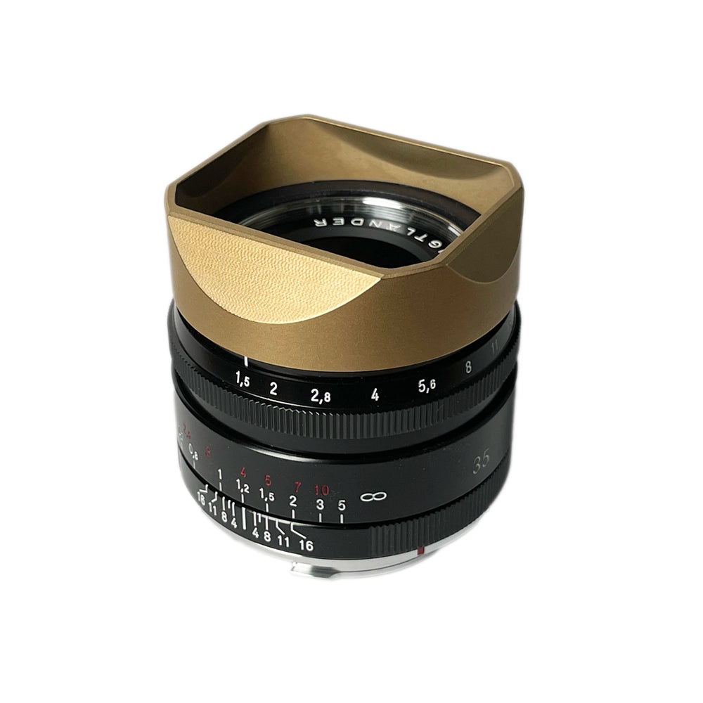 voigtlander-35mm-f1.5-1.5-35-nokton-asph-aspherical-AA-lens-hood-brass-made-square-style-fit-stylish-design-alternative-replacement-raw-gold-with-lens-look-m-mount
