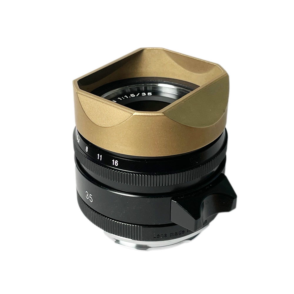 voigtlander-35mm-f1.5-1.5-35-nokton-asph-aspherical-AA-lens-hood-brass-made-square-style-fit-stylish-design-alternative-replacement-raw-gold-with-lens-m-mount